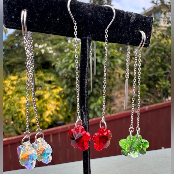 597. Handmade Plumeria Flower Austrian Crystal Sterling Silver Threader Earrings - Picture 3 of 11